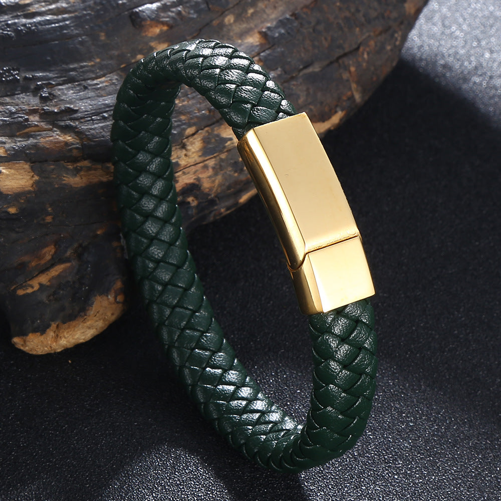 5 Color Woven Geometric Microfiber Leather Men's And Women's Stainless Steel Leather Rope Bracelet Laser Lettering