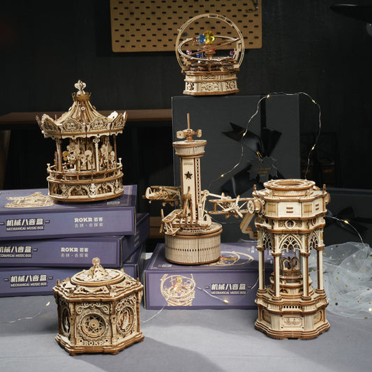 Rotatable DIY 3D Starry Night Wooden Model Building Kits Assembly Music Box Toy Gift