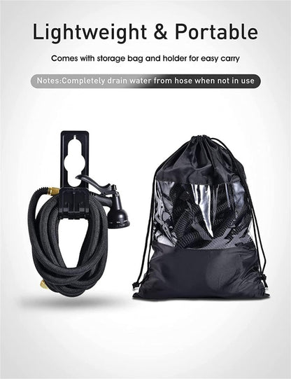 CheckMate24 XpandaHose 100ft Expandable Garden Hose with Holder - Heavy Duty Superior Strength 3750D - 4 -Layer Latex Core - Extra Strong Brass Connectors and  Spray Nozzle w/Storage Bag (Black 100ft)