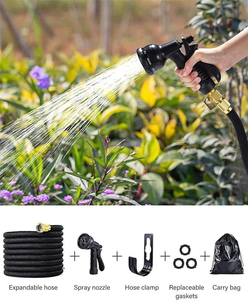 CheckMate24 XpandaHose 100ft Expandable Garden Hose with Holder - Heavy Duty Superior Strength 3750D - 4 -Layer Latex Core - Extra Strong Brass Connectors and  Spray Nozzle w/Storage Bag (Black 100ft)