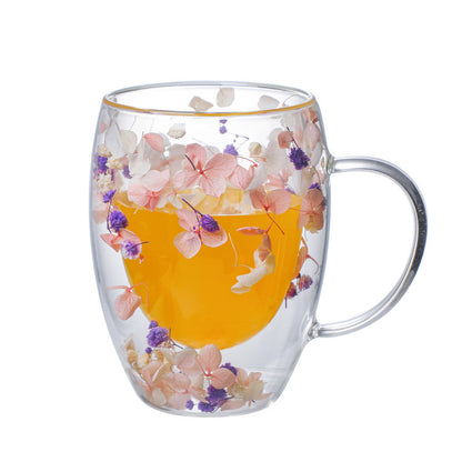 Real Flower Double Layer Glass Cup Borosilicate Simple