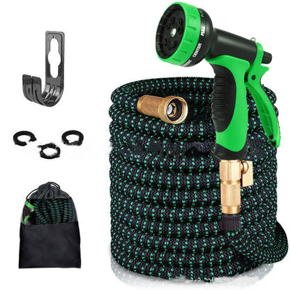 CheckMate24 XpandaHose Expandable  Garden Hose With Holder-Heavy Duty Superior Strength  Layer Latex Core Extra strong Brass Connerectors And 10 Spray Nozzle Storage Bag (Black & Green)
