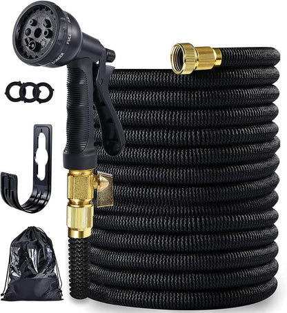 CheckMate24 XpandaHose 100ft Expandable Garden Hose with Holder - Heavy Duty Superior Strength 3750D - 4 -Layer Latex Core - Extra Strong Brass Connectors and  Spray Nozzle w/Storage Bag (Black 100ft)