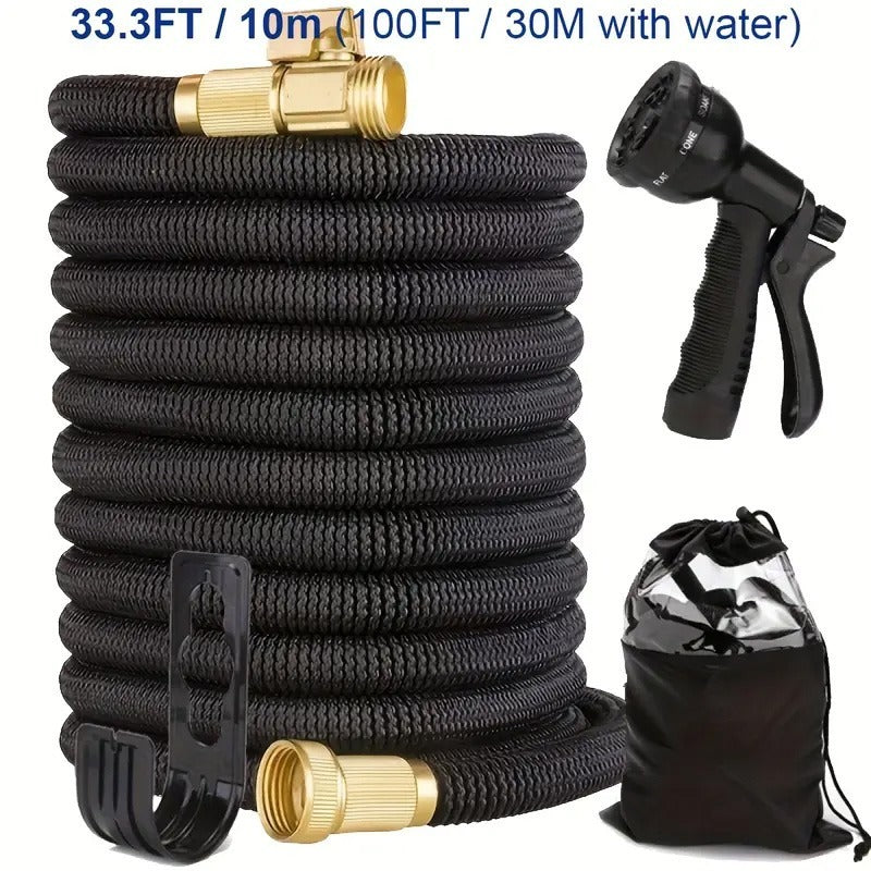CheckMate24 XpandaHose 100ft Expandable Garden Hose with Holder - Heavy Duty Superior Strength 3750D - 4 -Layer Latex Core - Extra Strong Brass Connectors and  Spray Nozzle w/Storage Bag (Black 100ft)